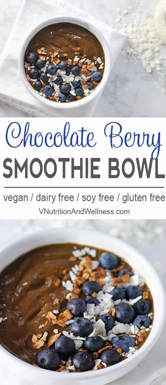 Chocolate Berry Smoothie Bowl | This Chocolate Berry Smoothie Bowl is full of chocolatey goodness but still healthy. It can be enjoyed for breakfast or dessert. vegan smoothie bowl recipe, dairy-free smoothie bowl, gluten-free