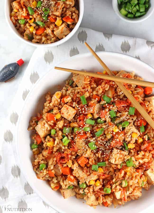 overhead shot of healthy vegan Kimchi Fried Rice.