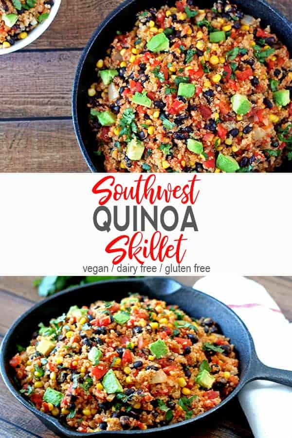 Southwest Quinoa | This southwest quinoa captures the flavors of Southwestern food with corn, black beans, tomatoes & avocado. This one pot dish is easy to make, healthy, and gluten free. This simple vegan dinner is a bowl of comfort food! #southwestquinoa #southwestquinoaskillet #southwestquinoasalad #healthysouthwestquinoa #vnutrition #southwestquinoarecipes
