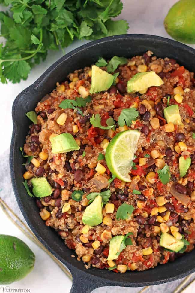 Southwest Quinoa skillet with fresh cilantro and avocado