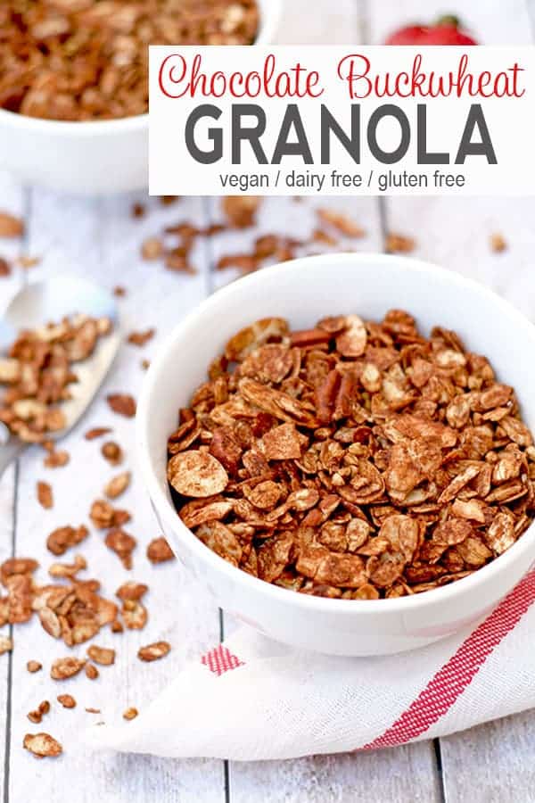 Chocolate Buckwheat Granola | This tasty chocolate buckwheat granola is low in sugar (no sugar added) and a great topping for yogurt and smoothie bowls! It's an easy to make, gluten-free and healthy breakfast. #vegangranola #healthyvegangranola #veganchocolategranola #veganbuckwheatgranola #glutenfreehealthygranola #healthygranola #vnutrition