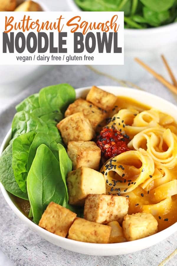 Butternut Squash Noodle Bowl | This butternut squash noodle bowl is easy to make and a healthy meal for dinnertime. It's gluten-free and creamy without the dairy. This warming bowl is the perfect for those chilly nights when you need some comfort food! #vnutrition #butternutsquashnoodles #butternutsquashnoodlebowl #veganbuntternutsquashnoodles #butternutsquashnoodlesrcipe #healthybutternutsquashnoodles #butternutsquashnoodlesrecipes