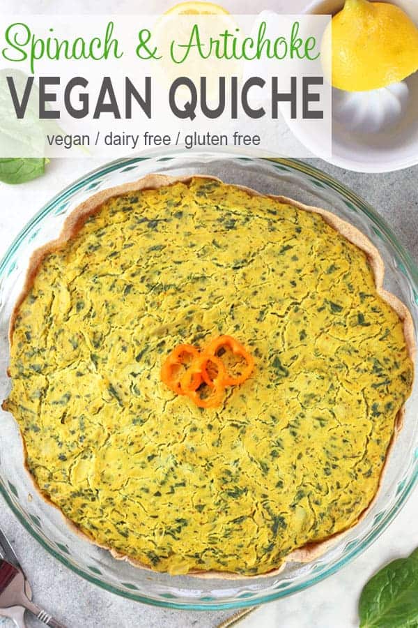Vegan Spinach and Artichoke Quiche | This easy vegan spinach and artichoke quiche is a tasty spin on the popular dip! Check out what's used to make a quick crust which cuts down on the prep time for this tasty gluten-free and eggless brunch dish. #veganquiche #veganspinachandartichoke #spinachandartichokequiche #egglessquiche #vnutrition #easyveganquiche
