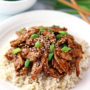 mongolian soy curls atop brown rice on a white plate