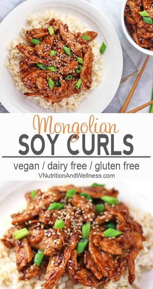 Mongolian Soy Curls | You won't miss the beef in these tasty Mongolian soy curls! This dish is a delicious vegan take on the popular dish from PF Chang's. dairy-free, gluten-free, vegan Mongolian beef, vegan recipe, vegetarian #vegansoycurlrecipe #vegansoycurls #soycurlrecipe #veganmongolianbeef