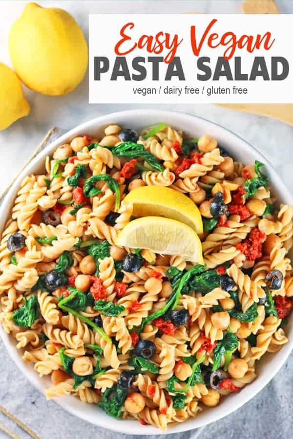 Easy Vegan & Gluten-Free Pasta Salad | This Easy Vegan Pasta Salad is low in oil comes together so quickly. It's perfect when you need a healthy and tasty dish to bring to a cookout, BBQ, or potluck. It can be made ahead of time for a fast and delicious gluten-free dinner or lunch. #vnutrition #easyveganpastasalad #veganpastasald #glutenfreepastasalad #easypastasaladrecipe