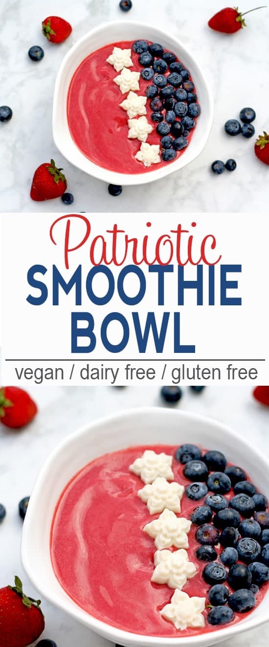 Patriotic Smoothie Bowl | This Patriotic Smoothie Bowl celebrates the USA with strawberries, blueberries and coconut butter stars. Make one for breakfast or as a snack anytime your want to show your red, white, & blue pride! | Check out the recipe or pin for later!