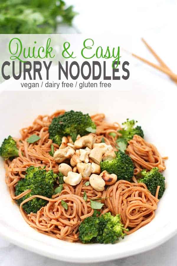 Quick Curry Noodles | These Quick Curry Noodles are a great introduction to curry flavors for those that have never tried a curry before. These curry noodles are easy to make and ready to eat in about 25 minutes. They are also gluten free, dairy free, and vegan! #vegancurrynoodles #glutenfreecurrynoodles #currynoodles #currynoodlesrecipe #vegancurrynoodlesrecipe #vnutrition
