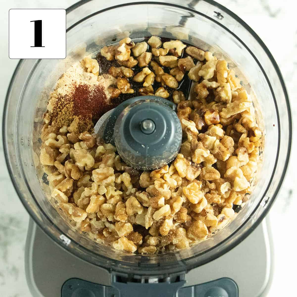 walnuts and seasonings in food processor to make raw vegan meat.