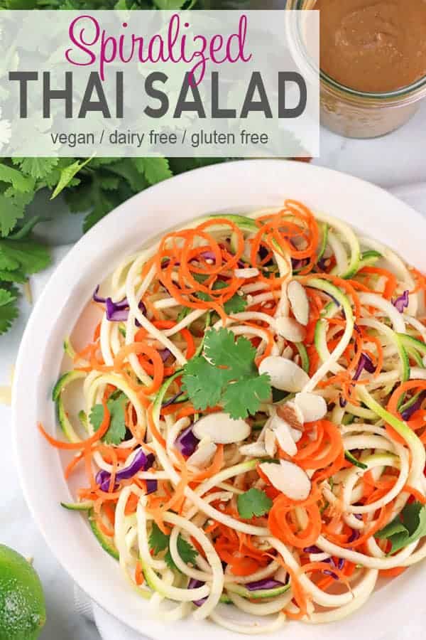 Spiralized Thai Salad with Peanut Dressing | This bright and colorful Spiralized Thai Salad with tasty peanut dressing adds fun and flavor to dinnertime. It's easy to make and a great way to add in more veggies to your day! Perfect for an easy and quick summer dinner. vegan, vegetarian, vegan salad, gluten-free #thaisalad #spiralizedsalad #zoodlesalad