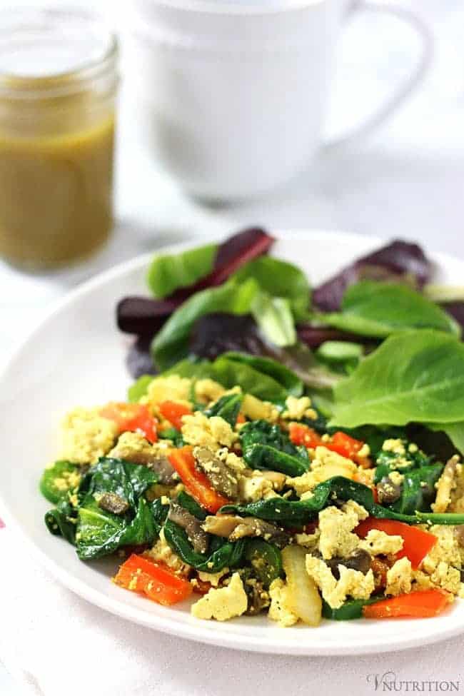 Simple Tofu Scramble with spinach, mushrooms, peppers and onions