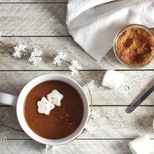 mug of gingerbread hot chocolate garnished with snowflakes.