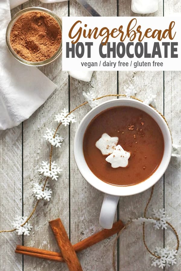 This vegan Gingerbread Hot Chocolate is full of Christmas spice. This homemade recipe is easy to make healthy by using dairy-free milk, cacao powder, and vegan chocolate chips. It's the is the perfect warming drink for the holidays! #vegangingerbreadhotchocolate #veganhotchocolate #vnutrition #easyveganhotchocolate #healthyveganhotchocolate #veganhotchocolaterecipe