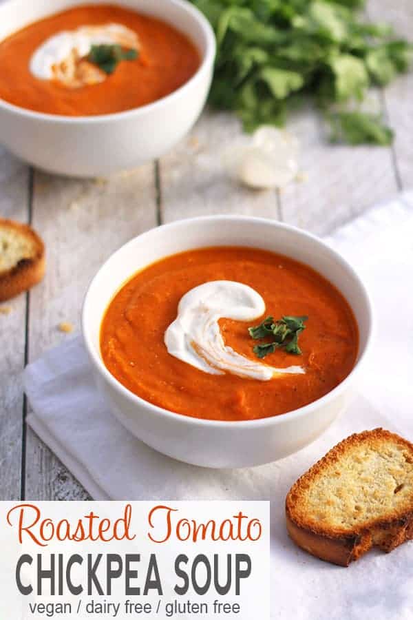 Roasted Tomato and Chickpea Soup | This vegan Roasted Tomato Chickpea Soup is the perfect creamy soup to warm you on those chilly nights! It's easy to make and perfect for a quick dinner. gluten-free, dairy-free, vegan recipe, vegetarian #chickpeasoup #tomatosoup #vegantomatosoup #roastedtomatosoup