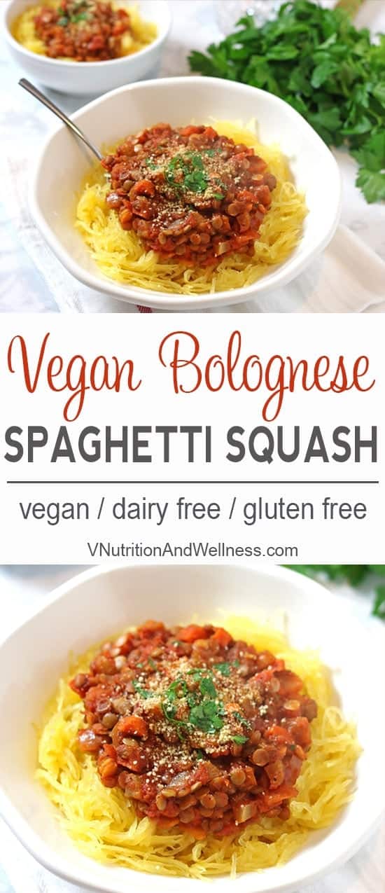 Lentil Bolognese | This vegan Lentil Bolognese Spaghetti Squash makes a hearty dinner! vegan bolognese recipe, vegan recipe