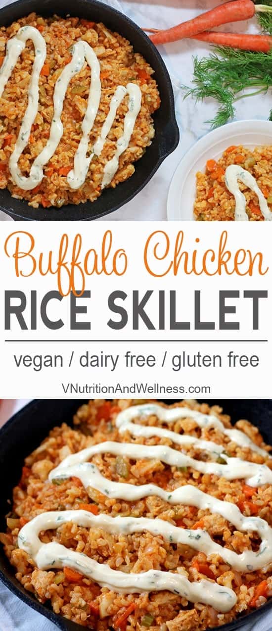 Vegan Buffalo Chicken Rice Skillet | Vegan chicken, brown rice & veggies make a perfect football meal! vegan recipe, buffalo chicken