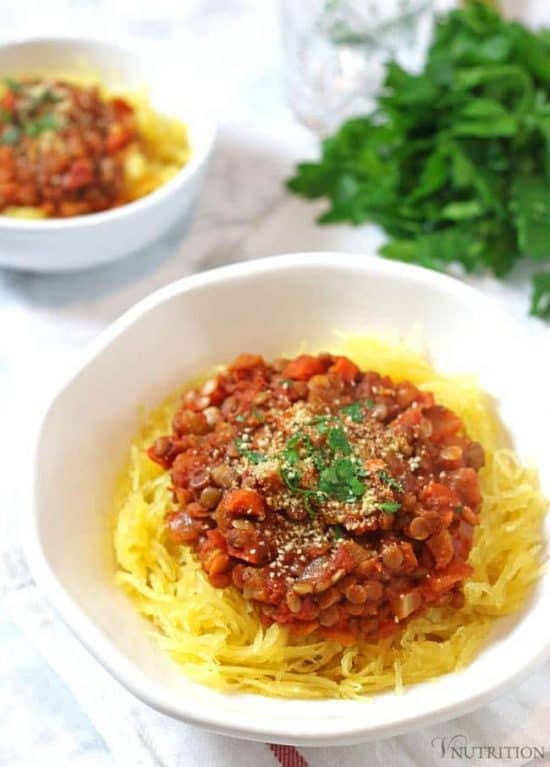 Lentil Bolognese | This vegan Lentil Bolognese Spaghetti Squash makes a hearty dinner! vegan bolognese recipe, vegan recipe