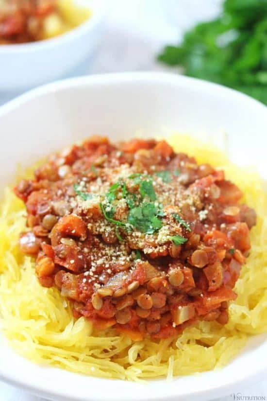 Lentil Bolognese | This vegan Lentil Bolognese Spaghetti Squash makes a hearty dinner! vegan bolognese recipe, vegan recipe