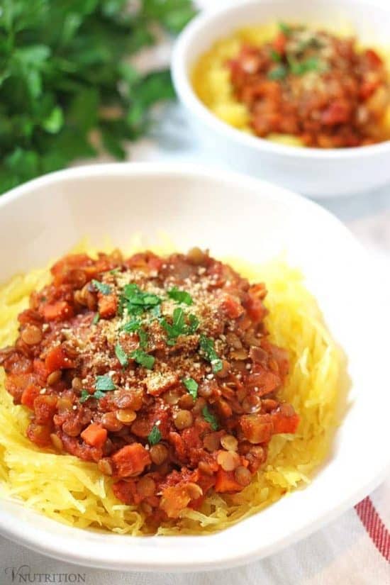 Lentil Bolognese | This vegan Lentil Bolognese Spaghetti Squash makes a hearty dinner! vegan bolognese recipe, vegan recipe