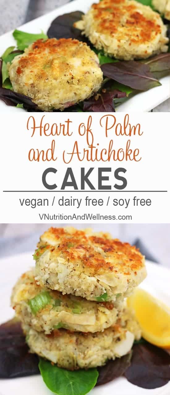 Heart of Palm and Artichoke Cakes | These Heart of Palm and Artichoke Cakes are a vegan take on crab cakes. Savory and delicious, these cakes make a great entree, appetizer or filling for a sandwich! vegan crab cakes, vegan recipe, vegan crab cake recipe