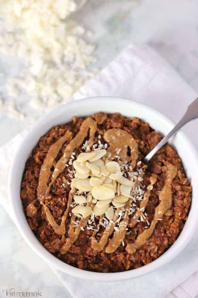 Almond Joy Oatmeal | This Almond Joy Oatmeal is healthy vegan take on Almond Joy candy. It's dairy free, gluten free, and makes a delicious breakfast. Almond Joy Oatmeal