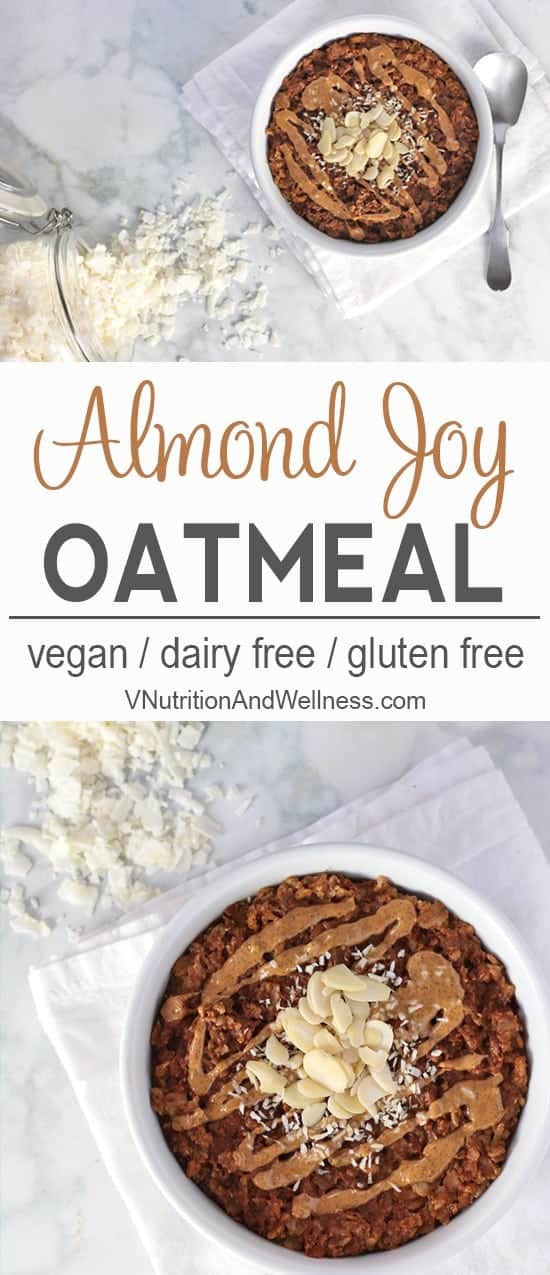 Almond Joy Oatmeal | This Almond Joy Oatmeal is healthy vegan take on Almond Joy candy and makes a delicious breakfast. vegan oatmeal recipe, vegan oatmeal