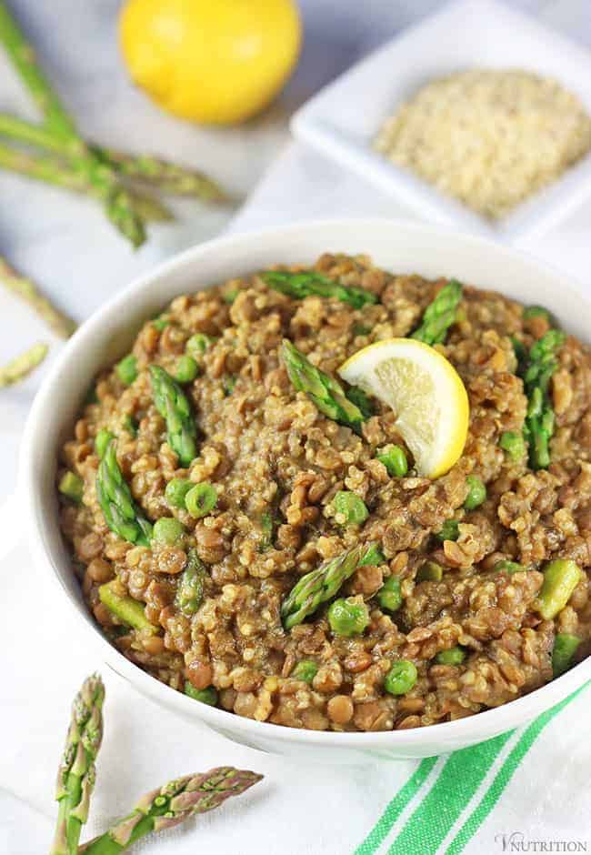 One-Pot Lentil Quinoa with Asparagus and Peas