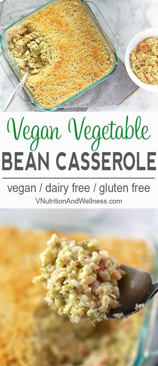 Vegetable Bean Casserole | This Vegetable Bean Casserole is creamy and delicious. Filled with brown rice, broccoli, carrots, and celery, you'll love this tasty meal. vegan casserole recipe, vegan bean casserole, gluten-free, dairy-free