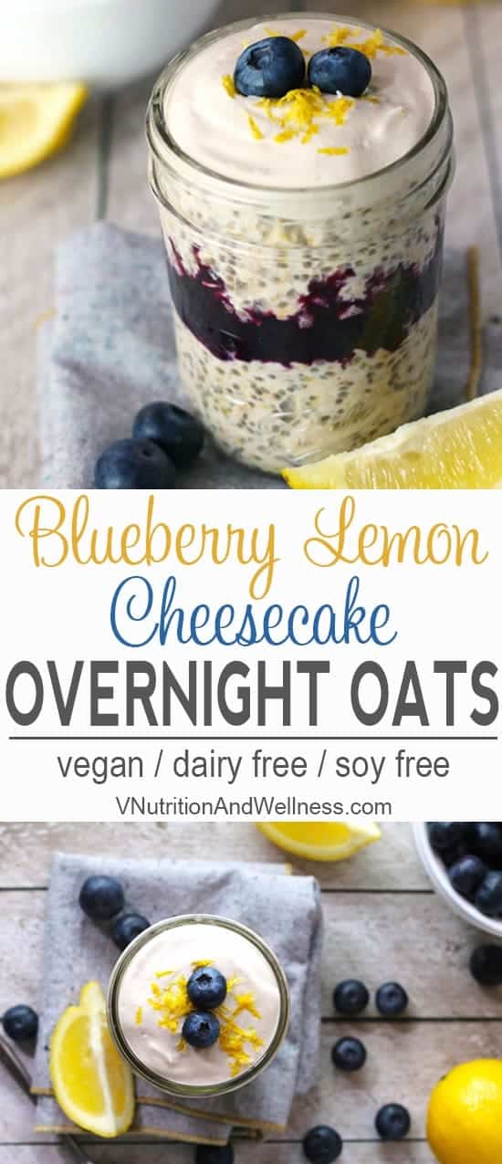 Blueberry Lemon Cheesecake Overnight Oats | These Blueberry Lemon Cheesecake Overnight Oats are tart, sweet, and creamy all at the same time. It's a healthy breakfast you can make ahead of time for those mornings that you're in a rush! vegan overnight oats, vegan breakfast recipe, gluten free