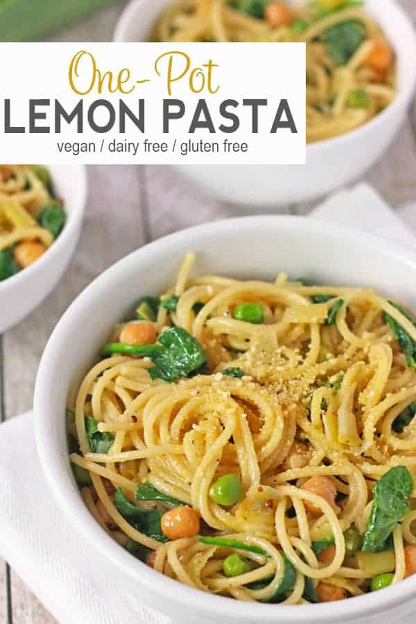 Lemon One Pot Pasta | This simple vegan Lemon One Pot Pasta is so easy to make and is ready in about 15 minutes. Leeks, peas, spinach, and chickpeas are added to round out this healthy meal! #onepotpasta #lemononepotpasta #veganonepotpasta #easyveganpasta #vnutrition #onepotpastarecipe #veganonepotpastarecipes