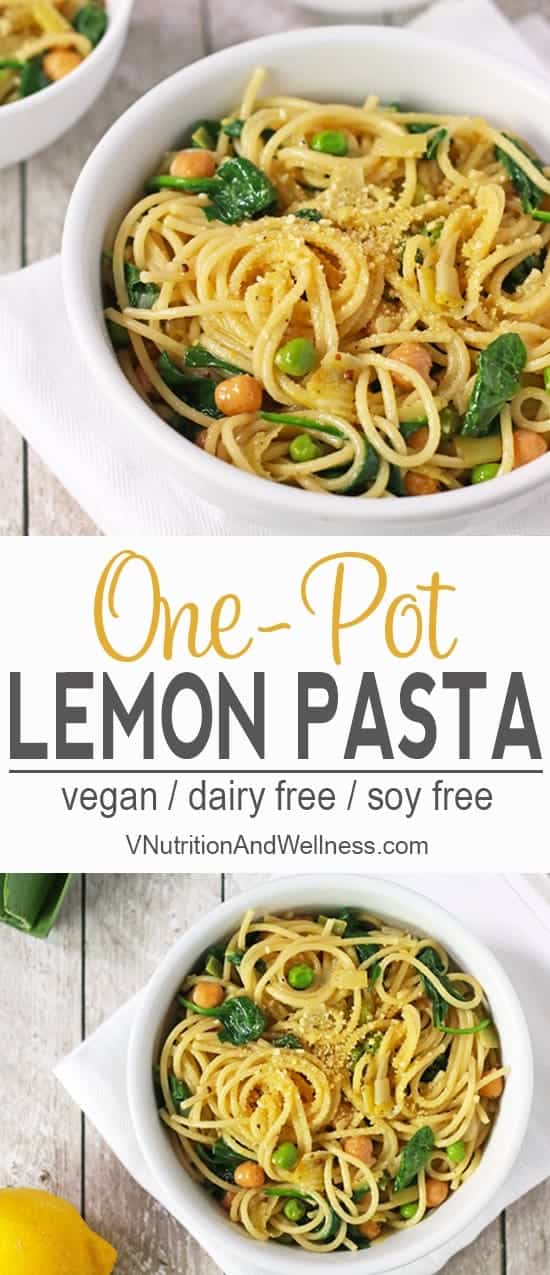 Lemon One Pot Pasta |This vegan Lemon One Pot Pasta is so easy to make and is ready in about 15 minutes. Leeks, peas, spinach, and chickpeas are added to round out this healthy meal! | vegan one pot pasta, lemon pasta, vegan pasta recipe