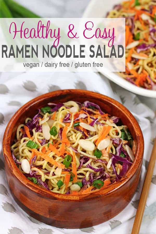 Vegan Ramen Noodle Salad | This healthy Ramen Noodle Salad is perfect for BBQs, potlucks or even to brighten a regular meal. It's so easy to make, gluten-free and a fun Asian inspired twist on lunch or dinner. #thealthyramennoodlerecipe #ramennoodlesalad #veganpastasalad #veganramennoodles #vnutrition #veganramennoodlesalad #healthyveganramennoodles