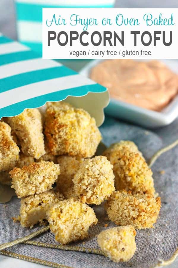 Air Fryer Popcorn Tofu with Sriracha Dipping Sauce | These popcorn tofu nuggets can be made in an air fryer is a perfect snack for game day, movie night or dinner for the kiddos. It is a healthy gluten-free option because it uses no oil! Don't have an air fryer? No problem, these can be baked as well. #popcorntofu #veganpopcorntofu #popcorntofurecipe #vnutrition #airfryerpopcorntofu #bakedpopcorntofu #popcorntofunuggets #glutenfreepopcorntofu