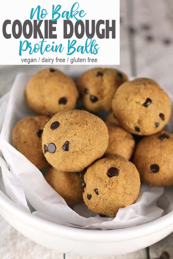 No Bake Cookie Dough Protein Balls | These vegan chocolate chip cookie dough balls are easy to make and a healthy snack when a sweet craving hits. They're full of protein, low in sugar, and made with almond butter and almond flour for a gluten free treat. #cookiedoughballs #vegancookiedoughballs #easycookiedoughballs #healthyvegancookiedoughballs #vegancookiedoughballsrecipe
#vnutrition #glutenfreecookiedoughballs