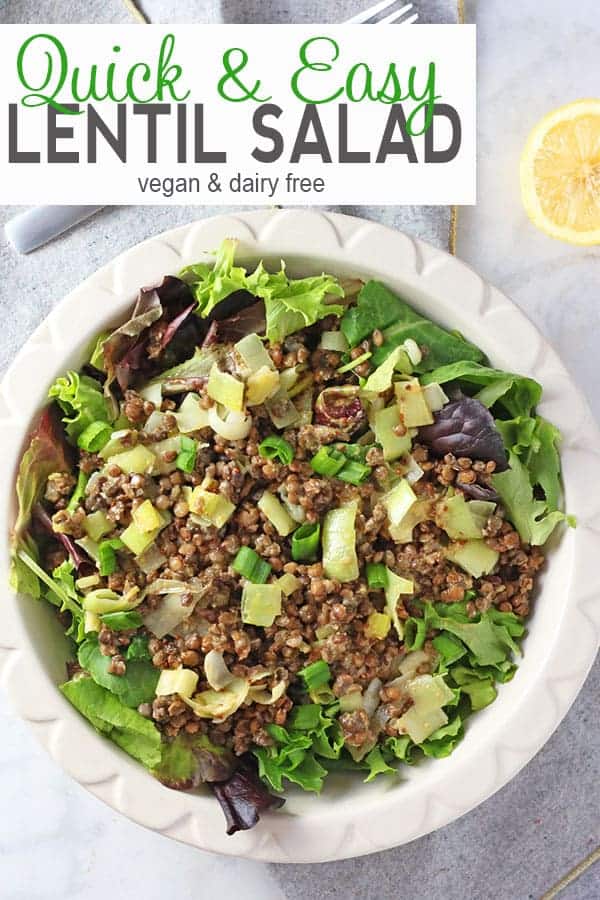 Easy Vegan Lentil Salad with Leeks and Lemon Vinaigrette | Need a tasty and quick meal? This Easy Vegan Lentil Salad with Leeks and Lemon Vinaigrette can be ready in under 10 minutes! vegan salad recipe, vegetarian, gluten-free, dairy-free #lentilsalad #veganlentilsalad #easysalad #healthysalad #beansalad