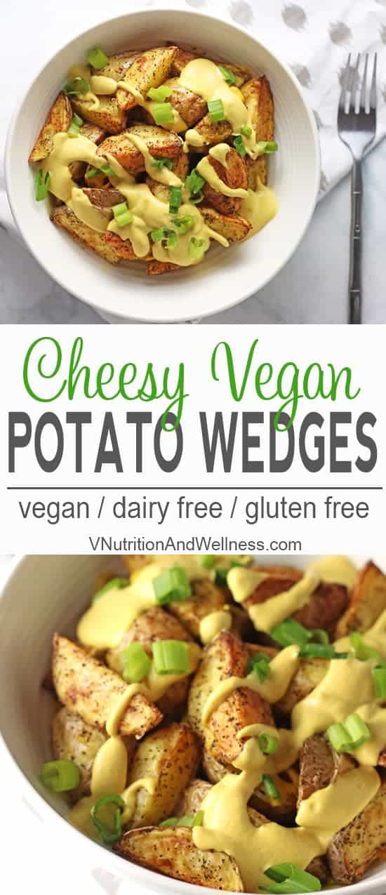 Vegan Cheesy Potato Wedges in the Air Fryer | These Vegan Cheesy Potato Wedges are a perfect snack when you're craving something cheesy and comforting. The potatoes are air fried so they're a much healthier choice than regular fried potatoes. vegan recipe, potato recipe, vegan cheese, vegetarian, gluten free, dairy free