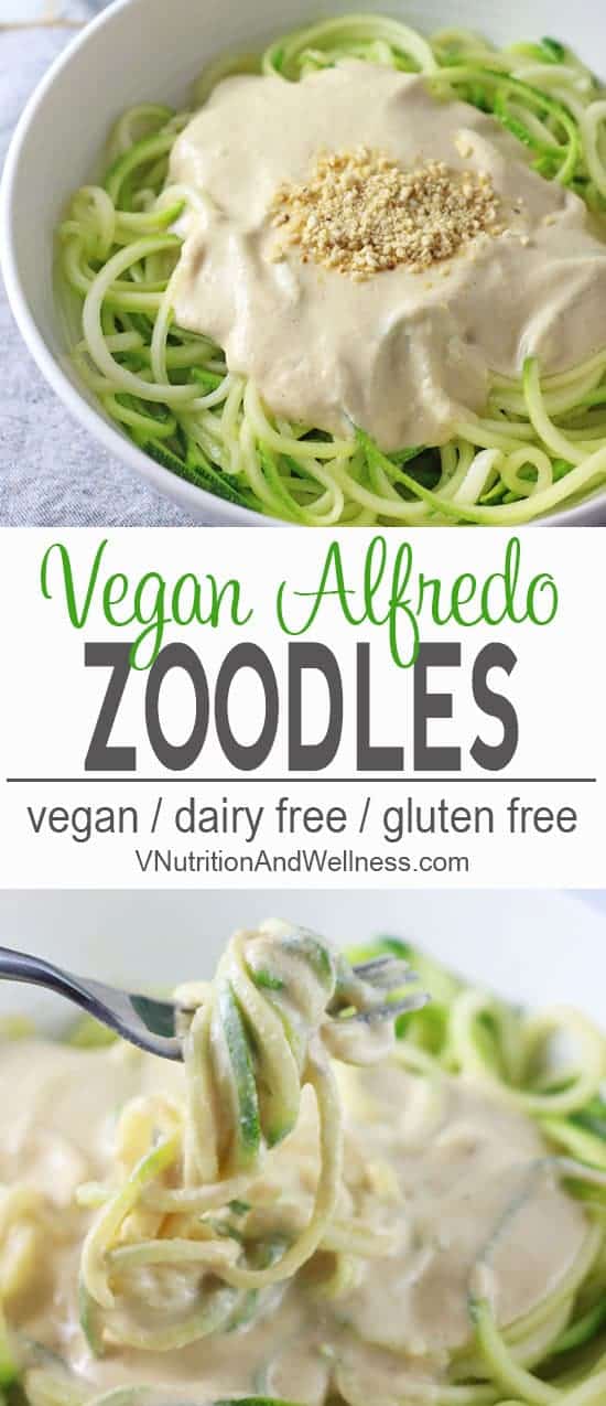 Vegan Zucchini Pasta Alfredo | This Vegan Zucchini Pasta Alfredo is perfect for summer. The zucchini noodles are lighter than pasta but still tasty when you're craving something creamy but don't want the too many carbs. vegan recipe, zucchini noodle recipe, vegetarian, gluten-free, dairy-free
