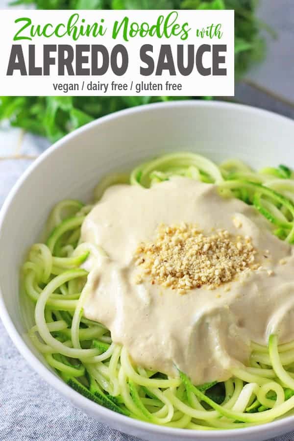Vegan Zucchini Pasta Alfredo | This Vegan Zucchini Pasta Alfredo is perfect for summer. The zucchini noodles are lighter than pasta but still tasty when you're craving something creamy but don't want the too many carbs. #veganzucchininoodles #dairyfreealfredo #veganalfredosauce #veganzucchinipastaalfredro #vnutrition