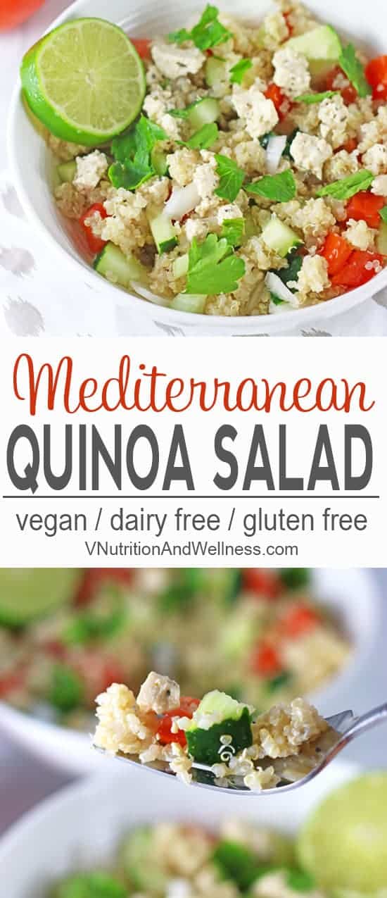Mediterranean Quinoa Salad | Take a trip to a Mediterranean beachside cafe with this Mediterranean Quinoa Salad. Quinoa and veggies are topped with tasty vegan feta for a bold and delicious salad. vegan salad recipe, vegetarian, salads, tofu salad