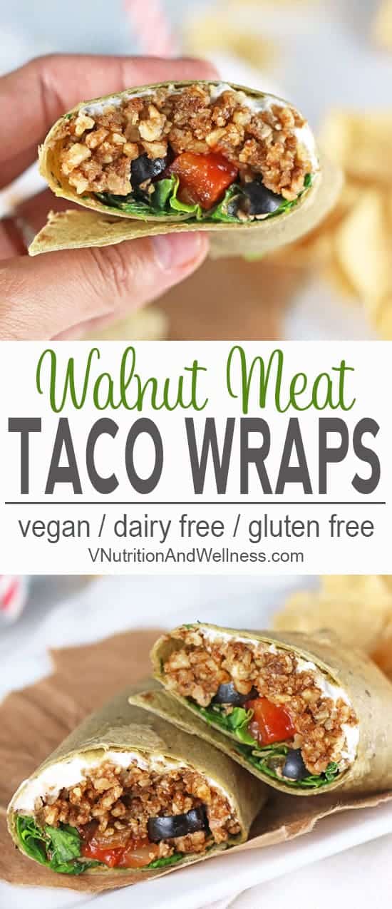 Vegan Taco Wraps with Walnut Meat | These Vegan Taco Wraps have all the tastiness of tacos in a convenient wrap form. They're perfect to take for lunch when you're craving a taco but want it in something other than a taco shell. #vegan, #vegantacos, #veganwraps vegan wraps, vegetarian wrap, gluten-free, dairy-free, vegan recipe, vegetarian