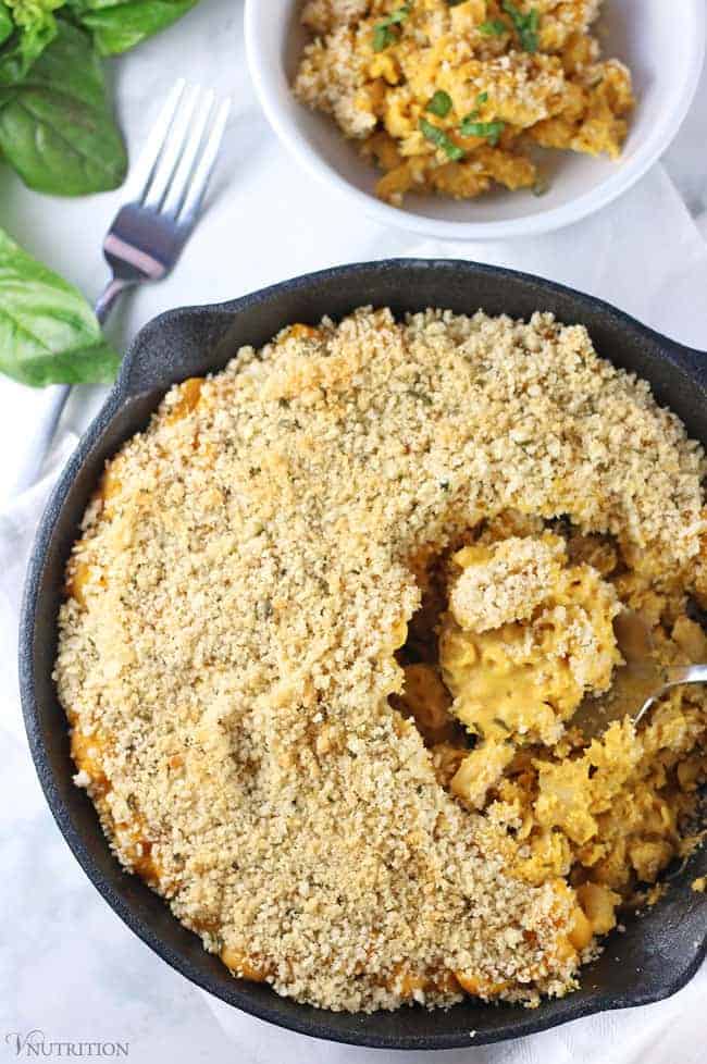 overhead shot of Healthy Pumpkin Mac and Cheese with breadcrumbs.