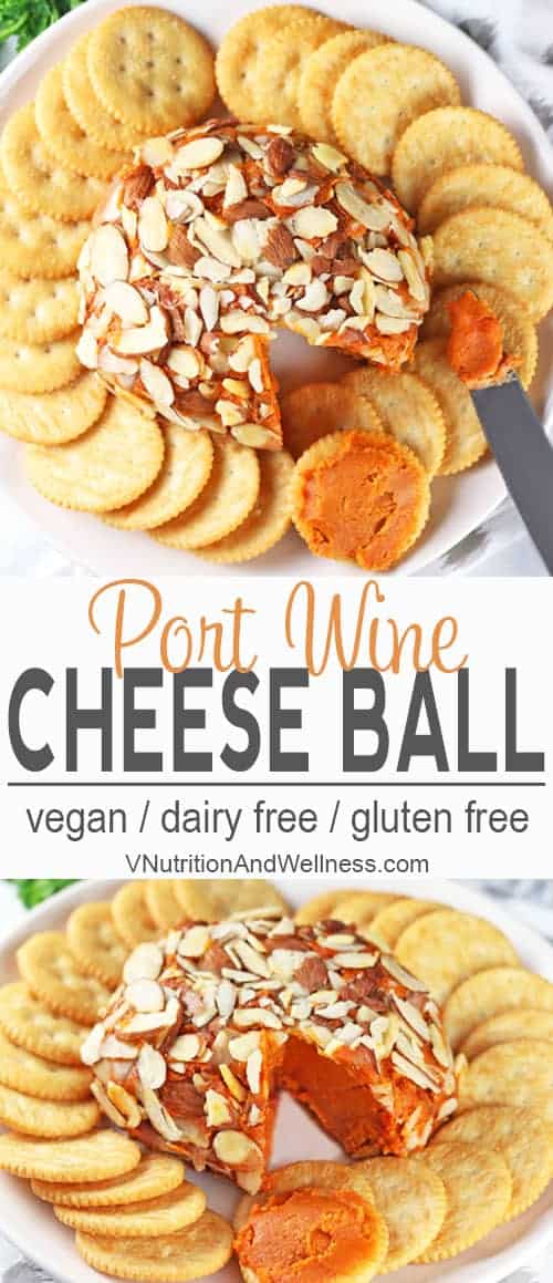 Vegan Port Wine Cheese Ball | This Vegan Port Wine Cheese Ball will be a hit at any party. Creamy cashews, sun-dried tomatoes, and port wine make for a delicious combination that no one will realize it's dairy-free! Impress your guests with this easy-to-make ball of tastiness! gluten-free, dairy-free, vegan recipe, vegetarian #vegancheese #vegancheeseball #portwinecheese