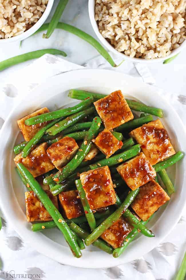 overhead shot of Tofu Green Bean Stir Fry with rice