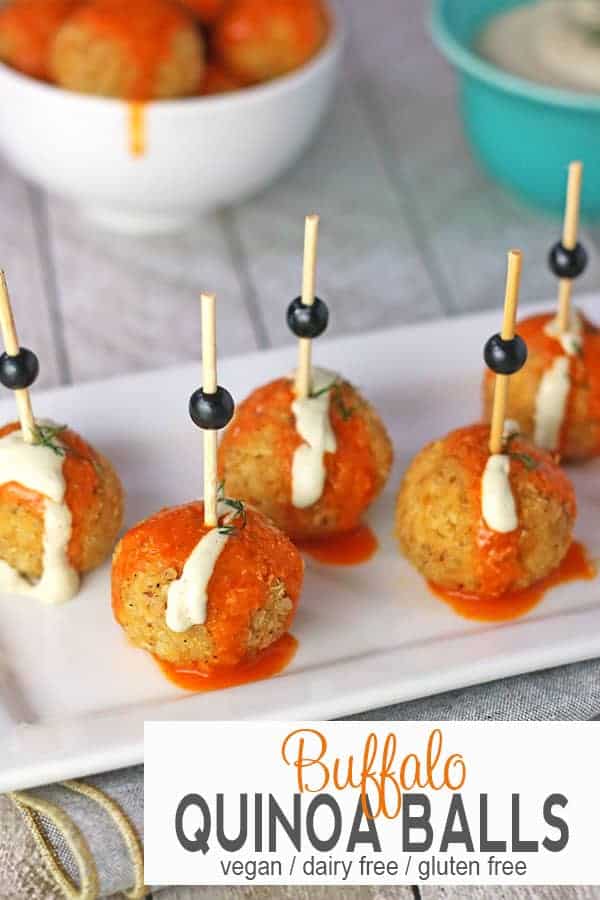 Buffalo Quinoa Balls | These Buffalo Quinoa Balls are a nice way to get that Buffalo sauce fix without meat! They're a perfect vegan appetizer for holiday parties, football games, sports event, or any get together. The buffalo quinoa bites are gluten free, healthy and the perfect amount of hot sauce. #buffaloquinoaballs #buffaloquinoabites #veganbuffaloballs #veganappetizer #veganbuffalobites #vnutrition #buffaloquinoabitesrecipe