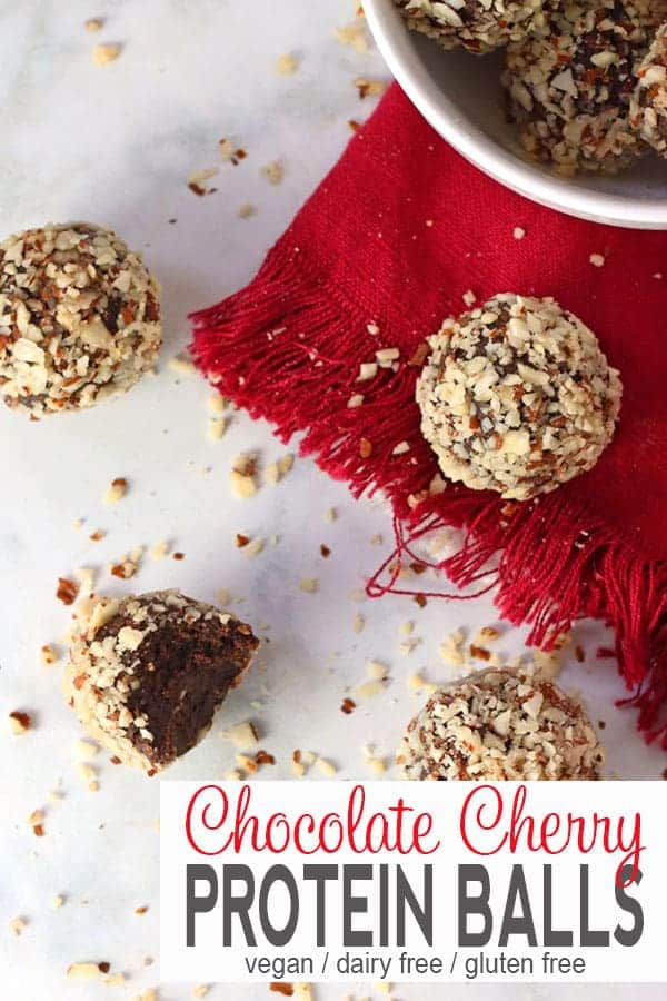 Chocolate Cherry Protein Balls | These chocolate cherry balls are the perfect treat after a workout or anytime you want a delicious snack or dessert. These energy bites are gluten free, healthy, no bake, and full of protein. #chocolatecherryballs #chocolatecherryenergybites #chocolatecherryproteinballs #veganchocolatecherryballs #veganchocolatecherryballs #veganenergyballs #vnutrition
