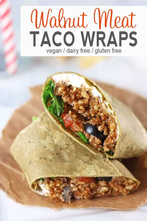 Vegan Taco Wraps with Walnut Meat | These gluten free vegan taco wraps have all the tastiness of tacos in a convenient wrap form. They're perfect to take for lunch when you're craving a taco but want it in something other than a taco shell. #vegantacos #veganwraps #vegantacowraps #glutenfreevegantacowraps #veganwraprecipes #vnutrition #glutenfreeveganwraps