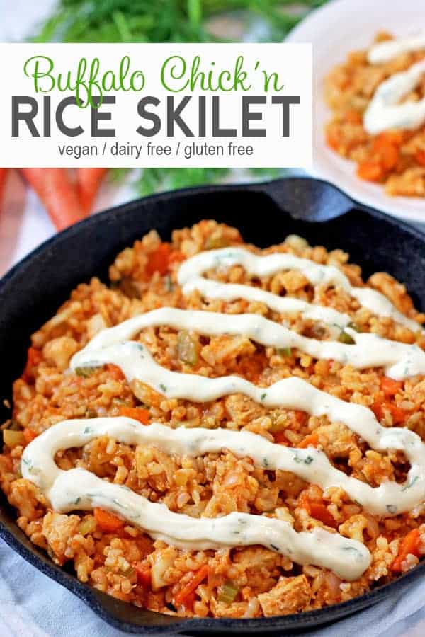 Vegan Buffalo Chicken Rice Skillet | This skillet comes together fast with vegan chicken, brown rice & veggies. It makes a delicious and easy vegan meal! Perfect for game night or football season vegan recipe, buffalo chicken #veganbuffalochicken #vegandinner #easyvegandinner