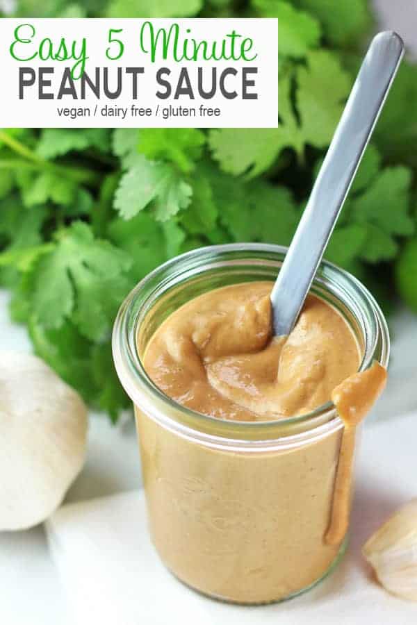 Quick and Easy Peanut Sauce | This easy and creamy peanut sauce can be used in so many ways - as a sauce for spring rolls, as a dressing for bowls or grains, or dip for appetizers. It's delicious and so quick to make you'll think of a dozen reasons to keep some in the fridge at all times. #easyvegansauce #easypeanutsauce #quickpeanutsauce #peanutdressing #vnutrition