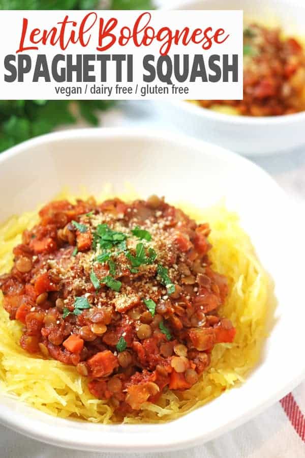 Lentil Bolognese with Spaghetti Squash | This vegan Lentil Bolognese makes an easy yet hearty vegan dinner. The vegan bolognese recipe is served over spaghetti squash for a lower carb option. The lentils in this meatless meal gives this recipe lots of protein! #veganlentilbolognese #lentilbolognese #veganbolognese #easyveganlentilbolognese #spaghettisquash #vnutrition #easylentilbolognese
