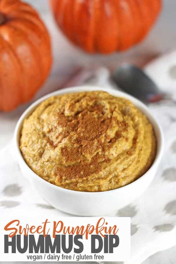 Sweet Pumpkin Hummus | This vegan sweet pumpkin hummus is the perfect fall treat. It's easy to make and allergy friendly because it's dairy, gluten, and refined sugar free. This dip is so tasty you won't believe it's actually healthy! Try it as a dip for your next Halloween party or for a healthy dessert for Thanksgiving! #pumpkinhummus #healthypumpkinhummus #sweetpumpkinhummus #vnutrition #veganpumpkinhummus #veganpumpkindip #veganpumpkinhummuswithouttahnini